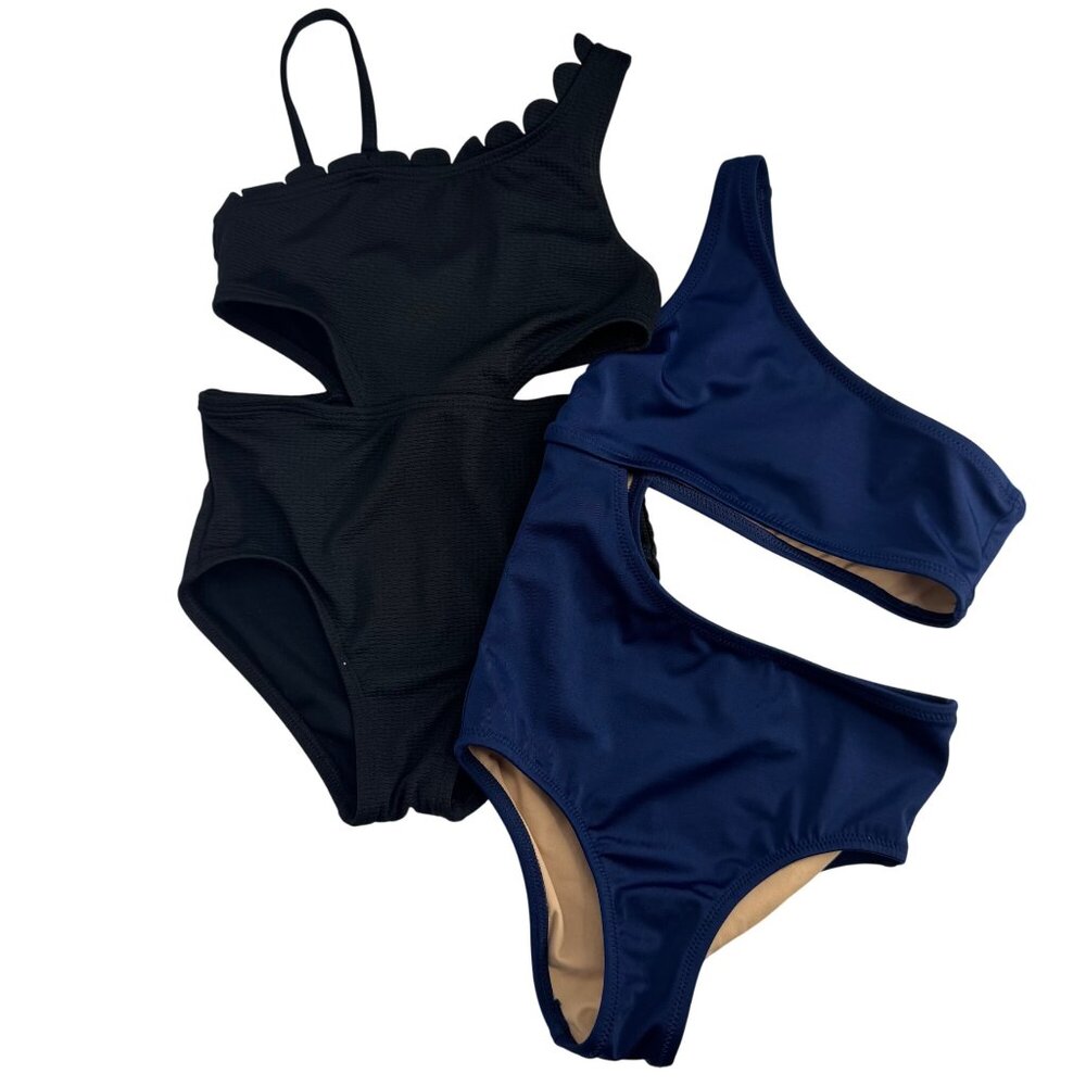 Bundle of 2 Neutral One-Shoulder Cutout Swimsuits XS (Toddler 4-5) Black & Navy
